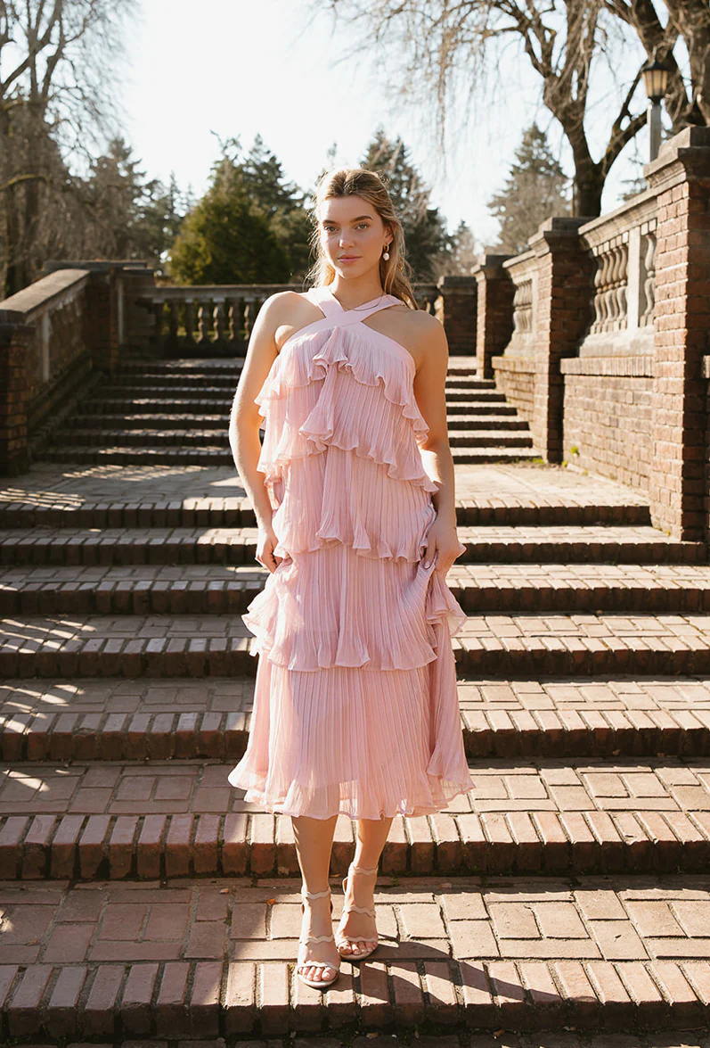 Bianca Powder Pink Tiered Midi Dress - FINAL SALE - Image 3