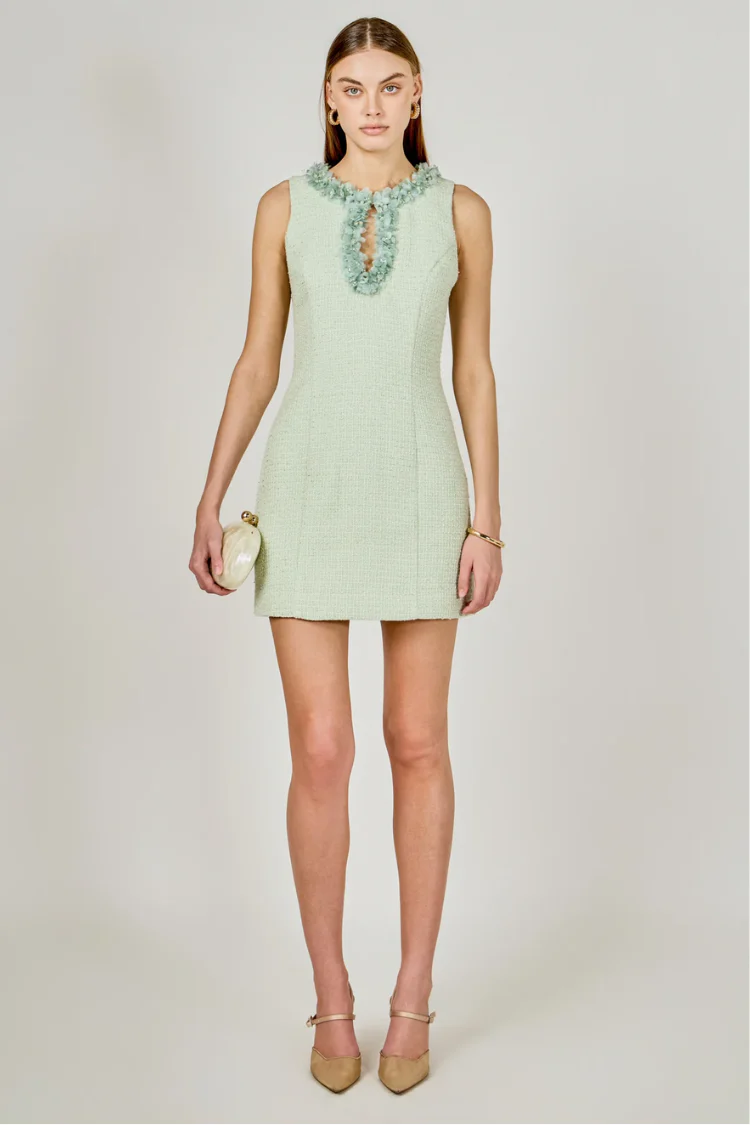 Jackie Tweed Racerback Floral Trim Mini Dress - Pistachio