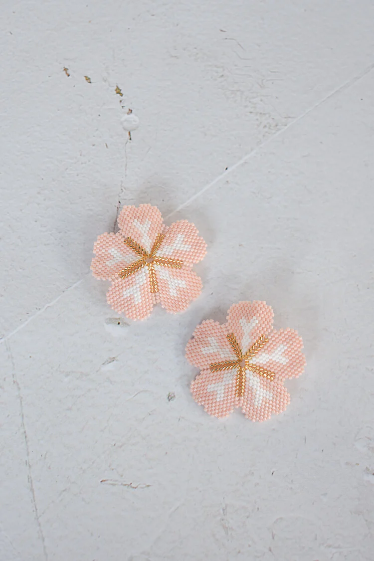 Margarita Light Pink Beaded Flower Earrings - Image 2