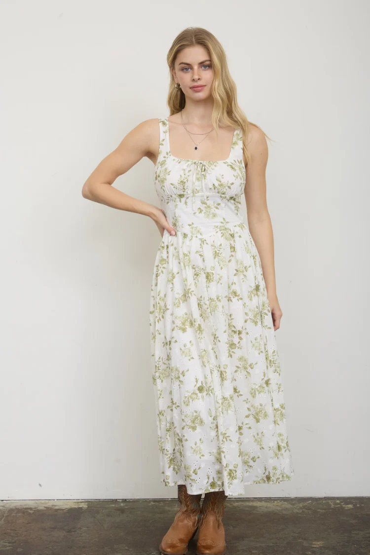 Olive Blossom Eyelet Midi Dress
