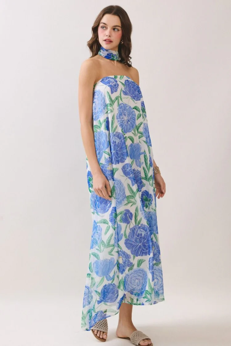 Peony Dreams Maxi Dress with Neck Scarf - Blue Floral - Image 3