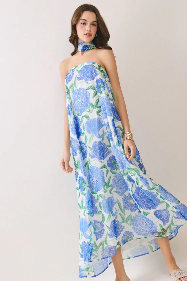 Peony Dreams Maxi Dress with Neck Scarf - Blue Floral - Image 4