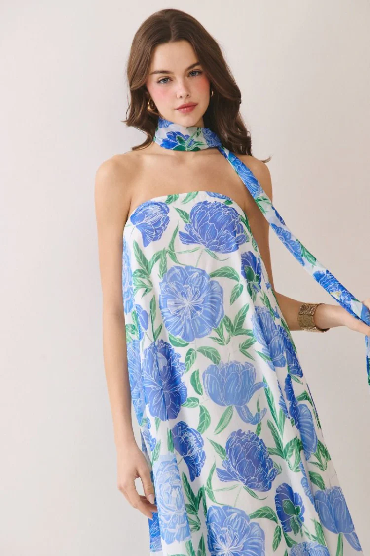 Peony Dreams Maxi Dress with Neck Scarf - Blue Floral - Image 5