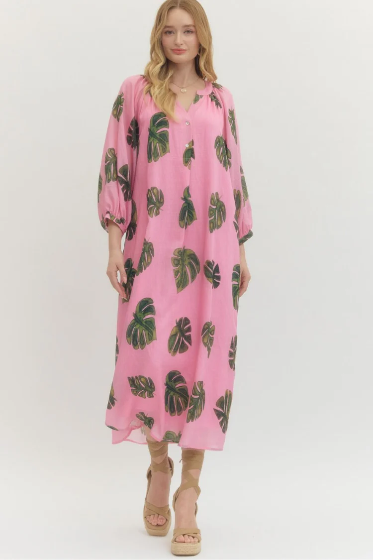 Tropical Escape Palm Print Midi Dress - Pink